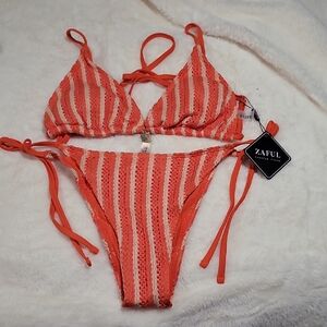 Zaful Coral and White Striped Bikini Set